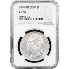 Belgium 5 francs 1848, NGC AU58, "King Leopold I (1832 - 1865)" silver coin