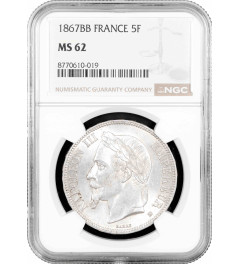 France 5 francs 1867 BB, NGC MS62, "Emperor Napoleon III (1852 - 1870)"