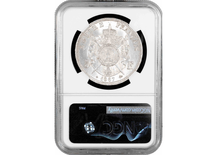 France 5 francs 1867 BB, NGC MS62, "Emperor Napoleon III (1852 - 1870)"