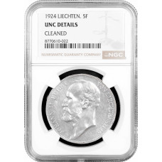 Лихтенштейн 5 франков 1924 г., NGC UNC Det., "Принц Иоганн II (1858 - 1929)"
