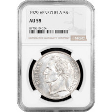 Венесуэла 5 боливаров 1929 г., NGC AU58, "Соединенные Штаты Венесуэлы (1879 - 1952)"