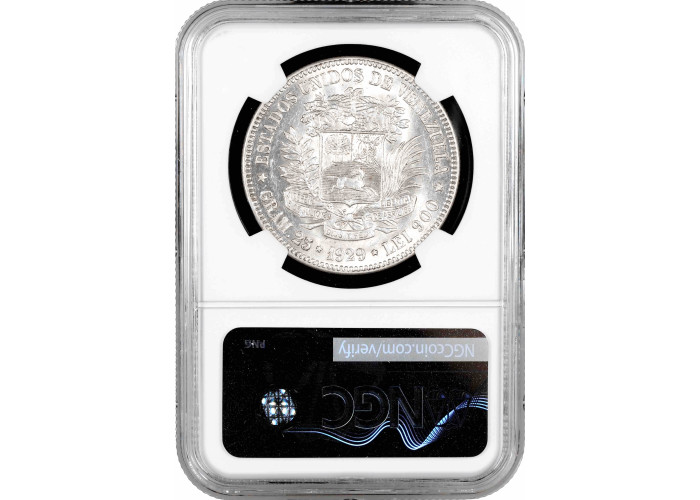 Venezuela 5 bolivares 1929, NGC AU58, "United States of Venezuela (1879 - 1952)"