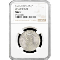 Веймарская Республика 3 рейхсмарки 1929 г. A, NGC MS63, "10 лет Веймарской конституции"