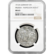 Пруссия 3 марки 1913 г. A, NGC MS63, "100 лет объявлению войны против Франции"