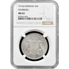 Гамбург 3 марки 1914 г. J, NGC MS63, "Вольный город Гамбург (1871 - 1918)"
