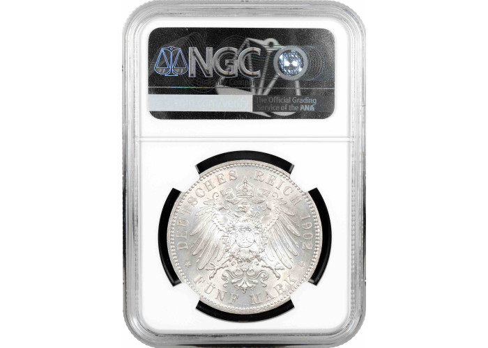 Saxony 5 mark 1902 E, NGC MS64, "Death of Albert of Saxony" silver coin