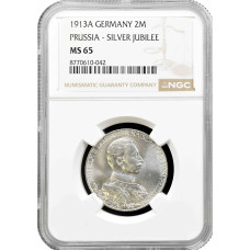 Пруссия 2 марки 1913 г. A, NGC MS65, "25 лет правлению Вильгельма II"