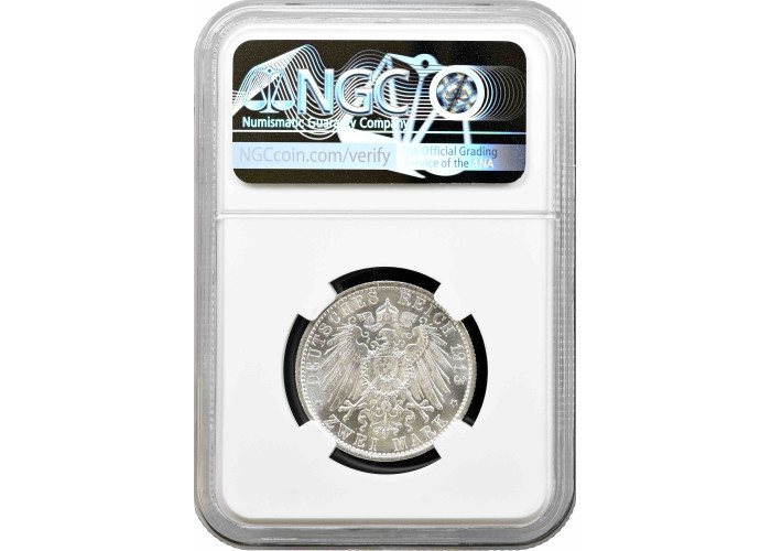 Пруссия 2 марки 1913 г. A, NGC MS65, "25 лет правлению Вильгельма II"