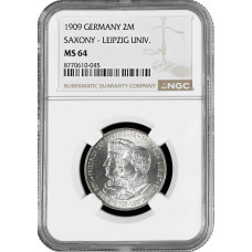Saxony 2 mark 1909, NGC MS64, "500th Anniversary - Leipzig University" silver