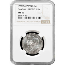 Saxony 2 mark 1909, NGC MS66, "500th Anniversary - Leipzig University" silver
