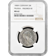 Пруссия 2 марки 1888 г., NGC MS62, "Король Фридрих III (03.1888 - 06.1888)"