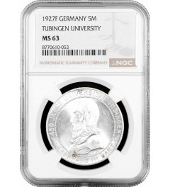 Weimar Republic 5 reichsmark 1927 F, NGC MS63, "450th An. - Tübingen University"