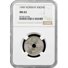 Норвегия 1 крона 1949 г., NGC MS65, "Король Хокон VII (1906 - 1957)"