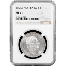 Austria 1 vereinsthaler 1858 A, NGC MS61, "Emperor Franz Joseph I (1848 - 1916)"