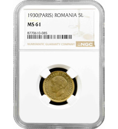 Romania 5 lei 1930 (PARIS), NGC MS61, "King Mihai I (1927 - 1930)"