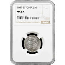 Эстония 5 марок 1922 г., NGC MS62, "1ая Республика (Марка) (1922 - 1927)"