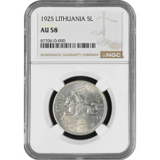 Литва 5 лит 1925 г., NGC AU58, "Первая Республика (1925 - 1938)"