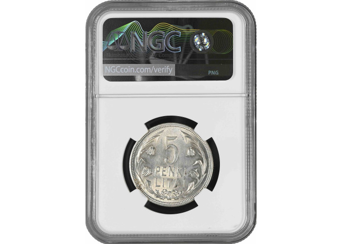 Литва 5 лит 1925 г., NGC AU58, "Первая Республика (1925 - 1938)"