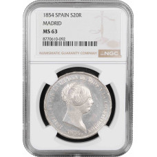 Spanien 20 Reales 1854, NGC MS63, "Königin Isabella II (1847 - 1864)" Pop 2/1