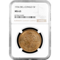 Бельгийское Конго 5 франков 1936 г., NGC MS63, "Колония Бельгии (1909 - 1949)"