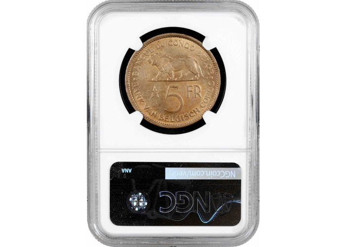 Бельгийское Конго 5 франков 1936 г., NGC MS63, "Колония Бельгии (1909 - 1949)"