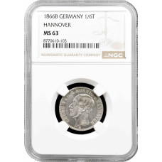 Ганновер 1/6 талера 1866 г. B, NGC MS63, "Король Георг V (1851 - 1866)"