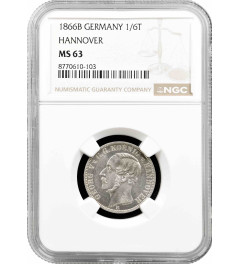 Hannover 1/6 thaler 1866 B, NGC MS63, "King George V (1851 - 1866)" silver coin