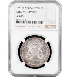 Bremen 1 thaler 1871 B, NGC MS64, "Victory Over France" silver coin