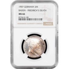 Baden 2 mark 1907, NGC MS66, "Death of Frederick I" silver coin