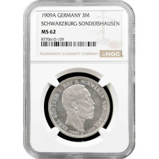 Шварцбург-Зондерсгаузен 3 марки 1909 г. A, NGC MS62, "Смерть Карла Гюнтера"