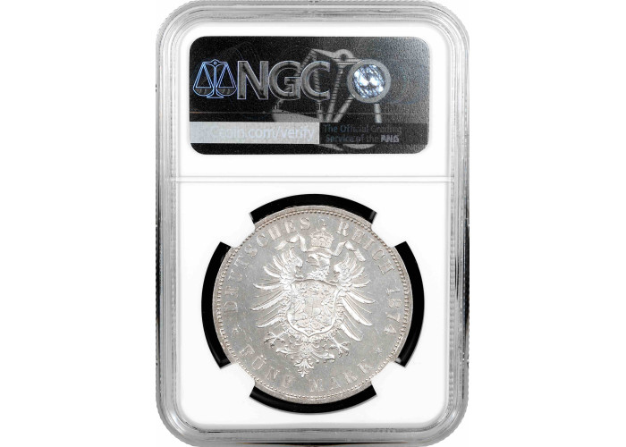 Пруссия 5 марок 1874 г. A, NGC MS62, "Король Вильгельм I (1861 - 1888)"