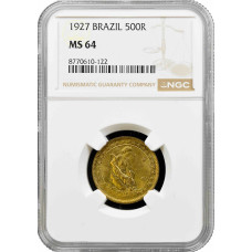 Бразилия 500 рейсов 1927 г., NGC MS64, "Первая Республика (1889 - 1942)"