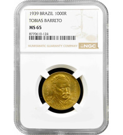 Brazil 1000 reis 1939, NGC MS65, "Tobias Barreto de Meneses (1839 - 1889)"