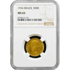 Бразилия 500 рейсов 1936 г., NGC MS65, "Диого Антонио Фейхо (1784 - 1843)"