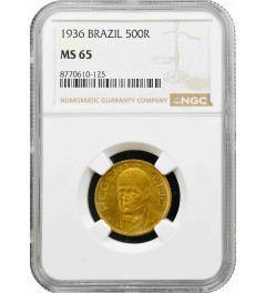 Brazil 500 reis 1936, NGC MS65, "Diogo Antonio Feijo (1784 - 1843)"