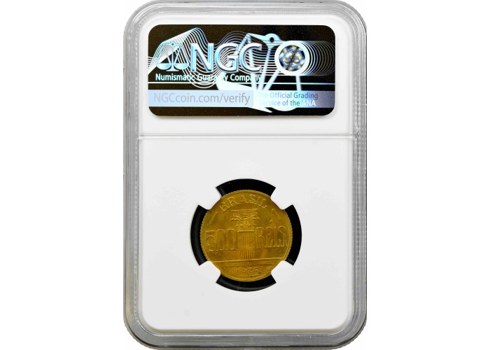 Brazil 500 reis 1936, NGC MS65, "Diogo Antonio Feijo (1784 - 1843)"