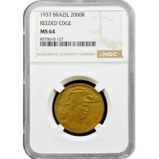 Бразилия, 2000 рейсов 1937 г., NGC MS64, "Герцог Кашиас (1803–1880)" REEDED EDGE