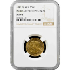 Бразилия 500 рейсов 1922 г., NGC MS65, "100 лет независимости Бразилии"