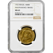 Бразилия 1000 рейсов 1922 г., NGC MS63, "Hезависимость Бразилии" KM#522.2 (error "BBASIL")