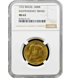 Brazil 1000 reis 1922, NGC MS63, "Independence" KM#522.2 (error "BBASIL")