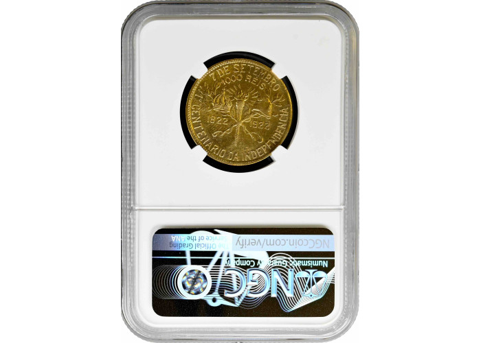Brazil 1000 reis 1922, NGC MS63, "Independence" KM#522.2 (error "BBASIL")