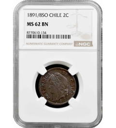 Chile 2 centavos 1891/8 So, NGC MS62 BN, "Republic of Chile (1851 - 1898)" Top Pop 1/0