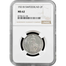 Швейцария 2 франка 1921 г. B, NGC MS62, "Швейцарская конфедерация (1917 - 1967)"