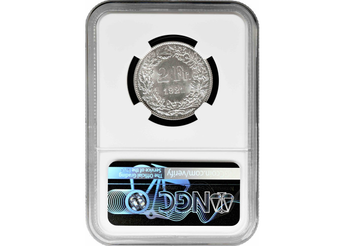 Швейцария 2 франка 1921 г. B, NGC MS62, "Швейцарская конфедерация (1917 - 1967)"