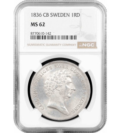 Sweden 1 riksdaler 1836 CB, NGC MS62, "King Charles XIV John (1818 - 1844)"
