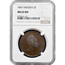 Швеция 2 скиллинга банко 1847 г., NGC MS65 BN, "Король Оскар I (1844 - 1859)" Top Pop