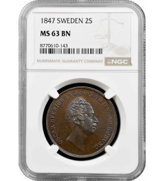 Sweden 2 skilling banco 1847, NGC MS63 BN, "King Oscar I (1844 - 1859)" Top Pop