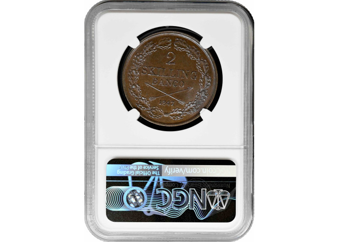 Sweden 2 skilling banco 1847, NGC MS63 BN, "King Oscar I (1844 - 1859)" Top Pop