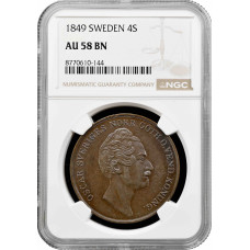 Швеция 4 скиллинга банко 1849 г., NGC AU58 BN, "Король Оскар I (1844 - 1859)"