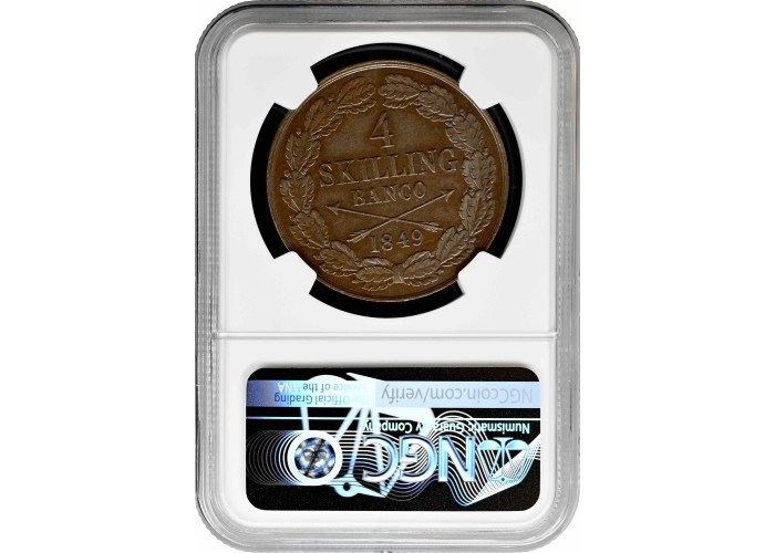 Sweden 4 skilling banco 1849, NGC AU58 BN, "King Oscar I (1844 - 1859)"